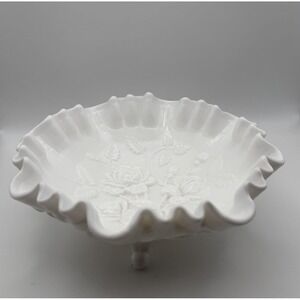Vintage Imperial Glass Milk Glass Ruffled Footed Bowl Rose Floral Embossed